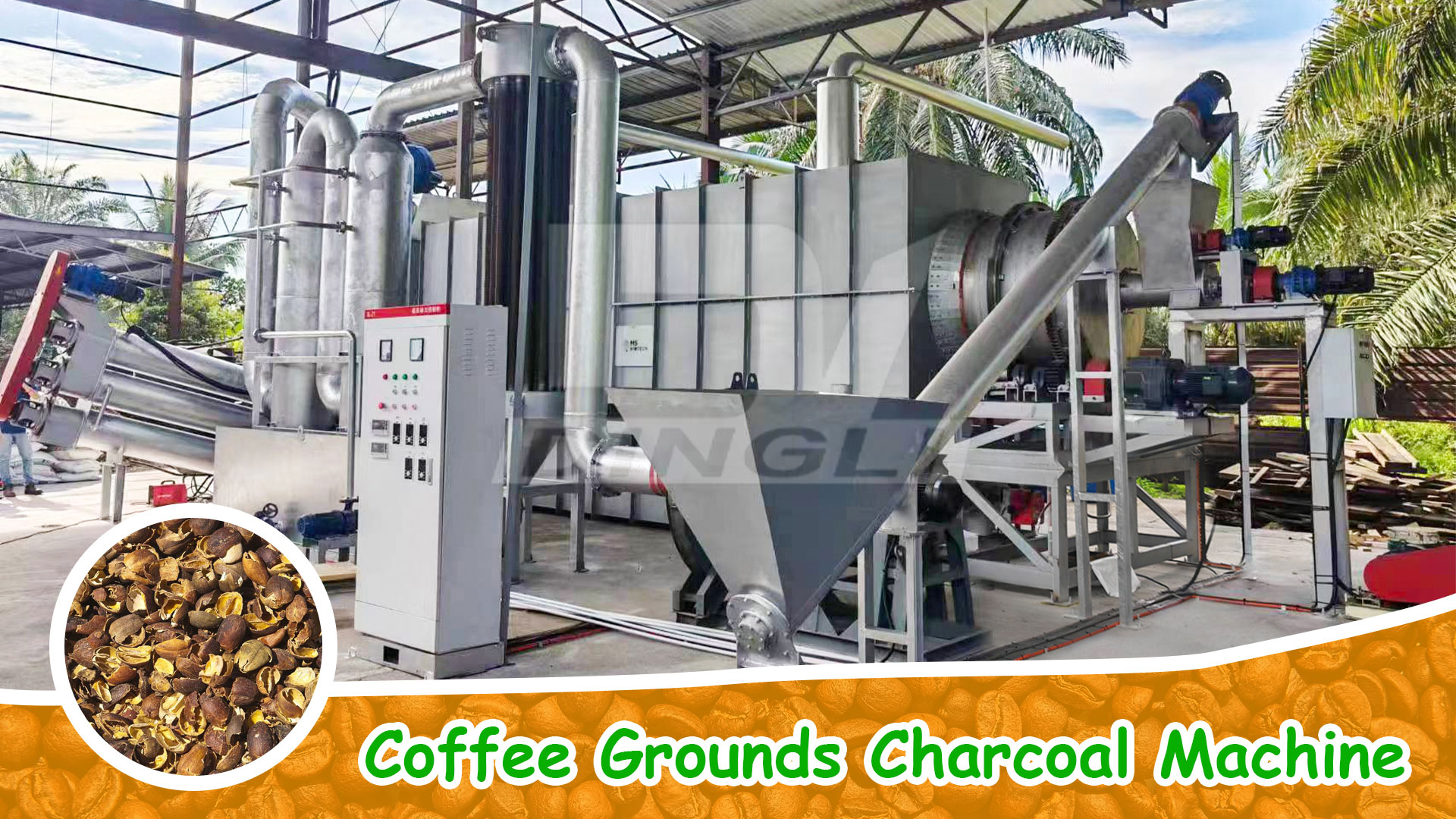 How does the coffee grounds carbonization machine achieve zero pollution operation?